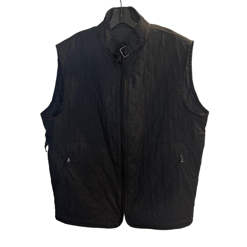 Hugo Boss Vest Mens 46R Black Herringbone Quilted Logo Zip Pockets Lined